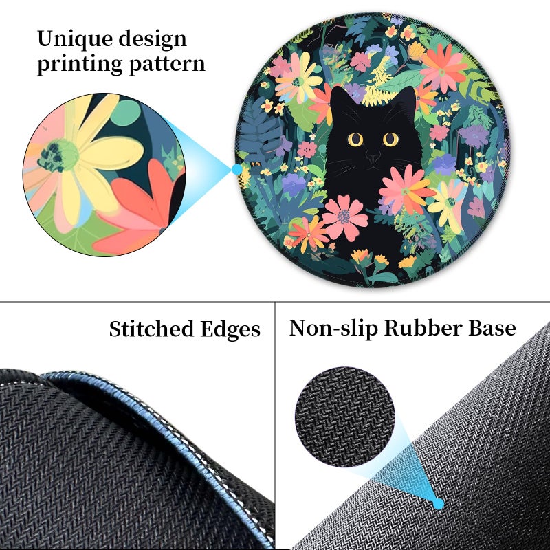Hancynir Floral Black Cat Mouse Pad for Desk, Small Cute Mousepad with Non-Slip Base, Round Travel Mouse Pads for Wireless Mouse Laptop, Computer Mouse Mat for Gaming Home Office Desk Accessories - Image 5